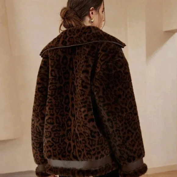 Brown Casual Women's Leopard Print Patchwork Fluffy Faux Leather Aviator Jacket - Picture 2 of 8